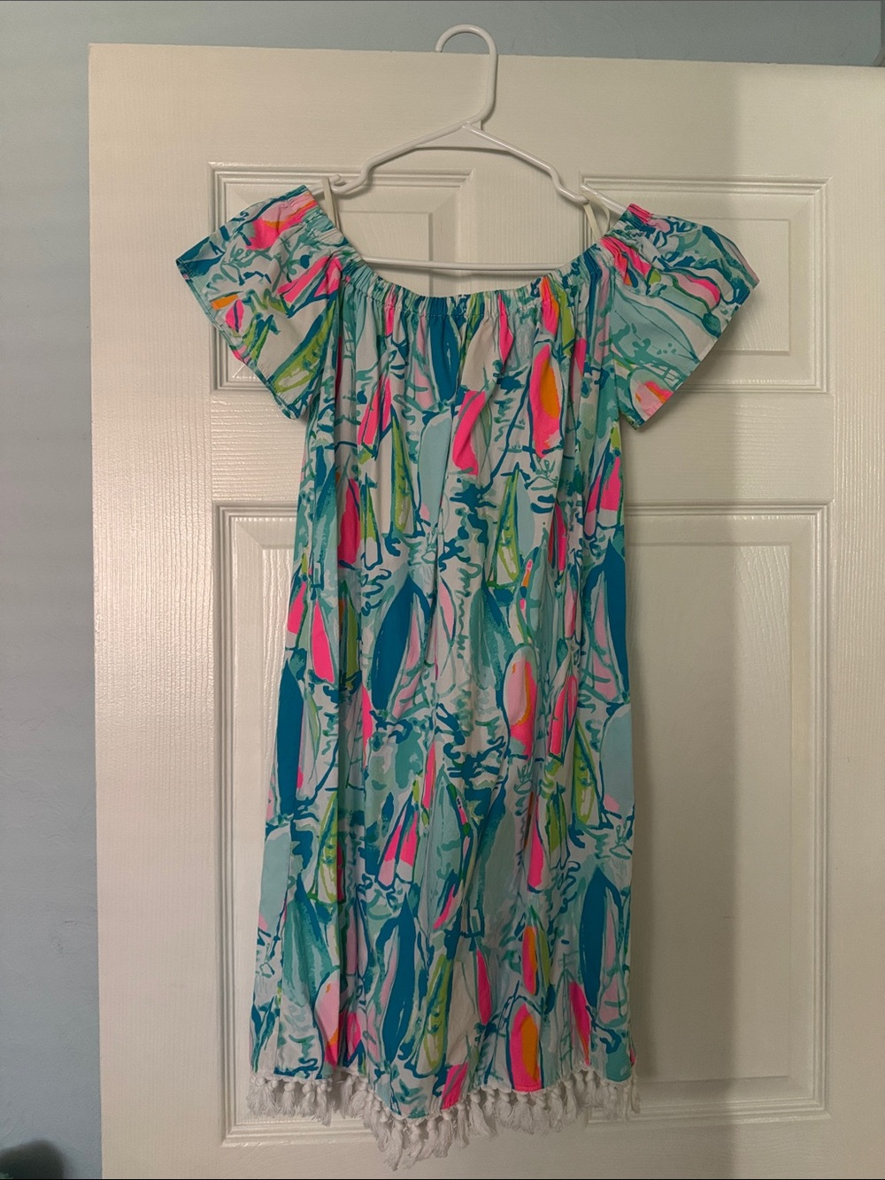 Lilly Pulitzer Aqua Off-Shoulder Dress with Neon Pink & Yellow Accents